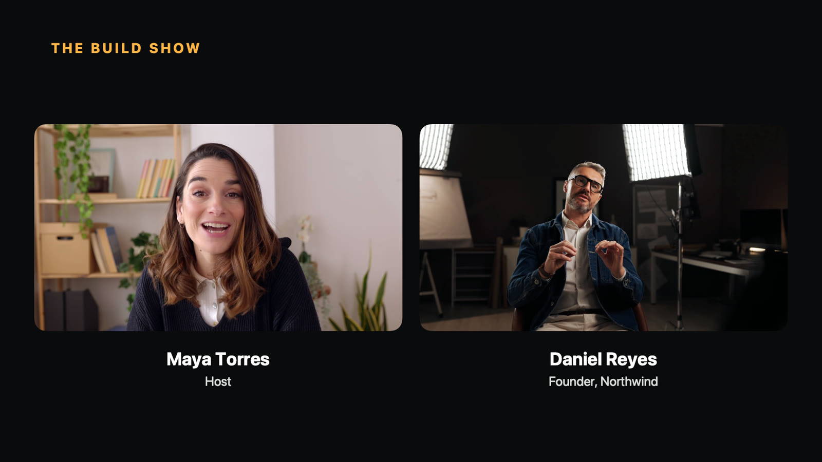 ArcLight's program output on an interview slide: the host and guest side by side with name titles.